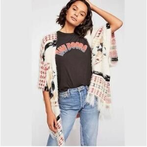 Free People Canyonland Fuzzy Fringe Southwestern Kimono Poncho Cream One Size